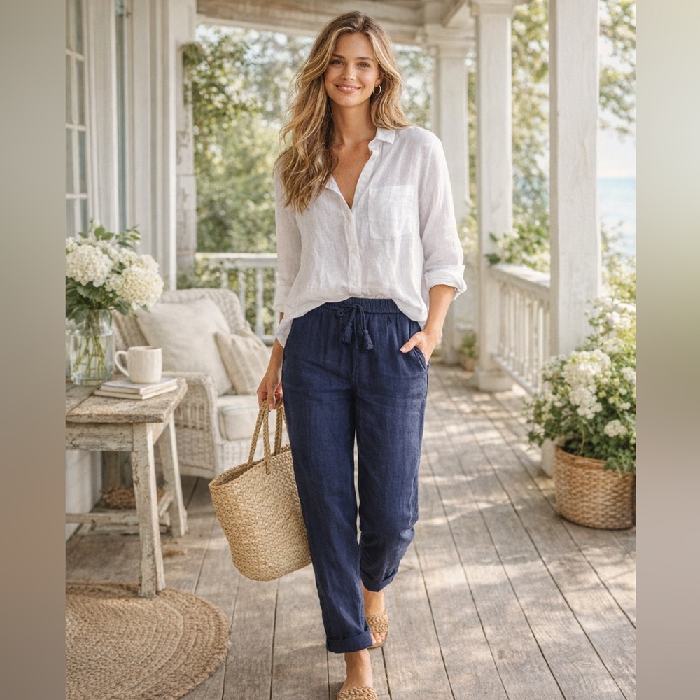 Cyrillus Paris,Navy Double-Gauze Cotton Lounge Pants,Tassel-Waist Euro,Size XS/S